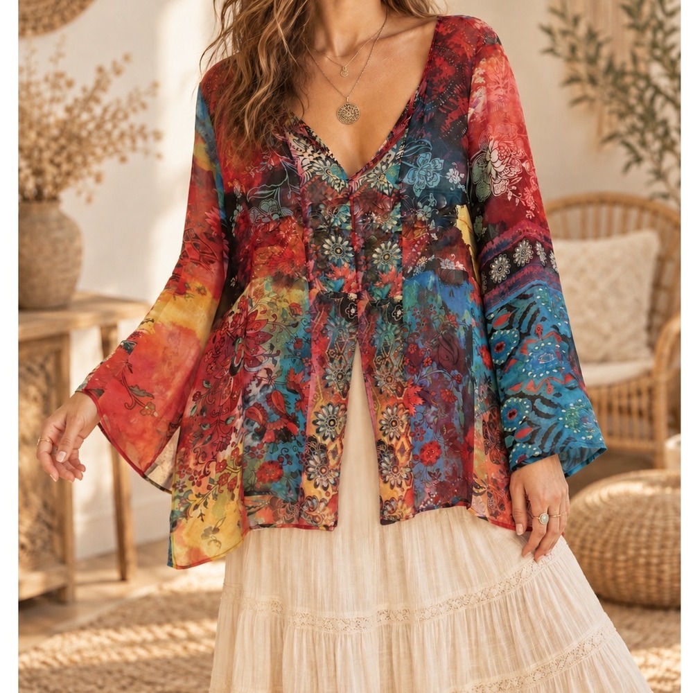 Chicos 100% Silk Sheer vtg Top Floral Patchwork Boho Bell Sleeve Size 3 XL d5